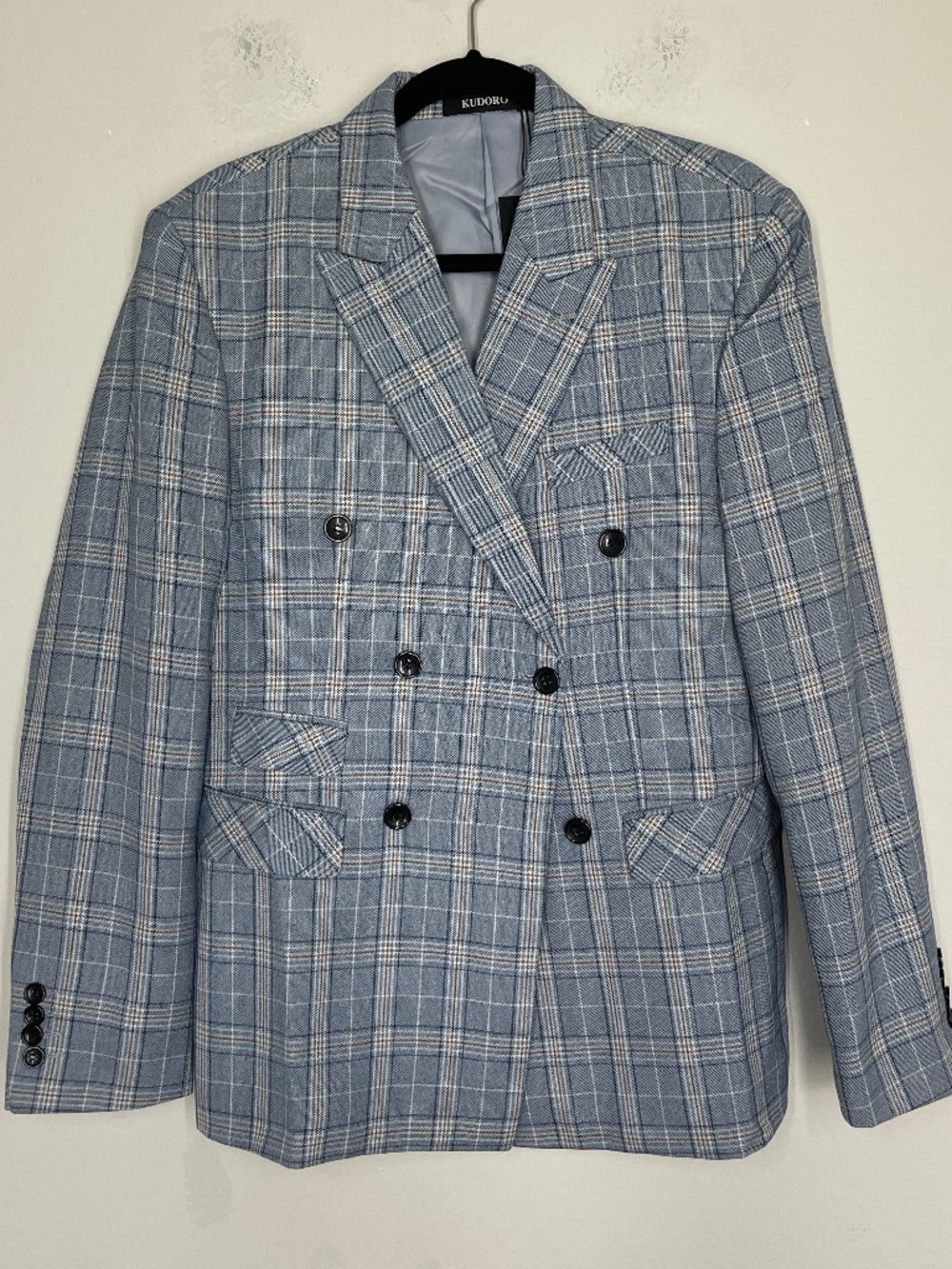 Kudoro Men's Double Breasted Suit Jacket Blazer Size M Blue Gray Plaid